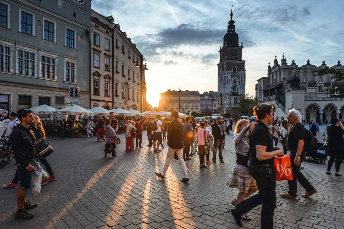 Main Market Square at sunset with the Town Hall Tower